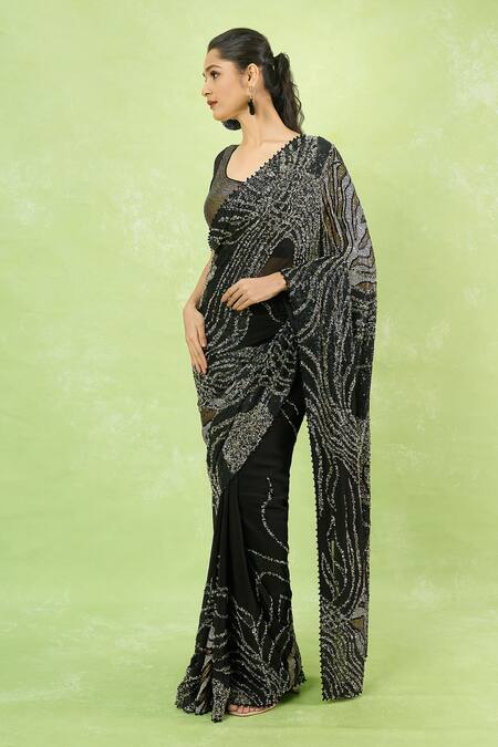Nakul Sen_Black Silk, Chiffon Sequins Round Neck Embroidered Saree With Blouse _Online_at_Aza_Fashions