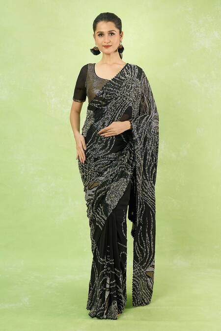 Buy_Nakul Sen_Black Silk, Chiffon Sequins Round Neck Embroidered Saree With Blouse _Online_at_Aza_Fashions