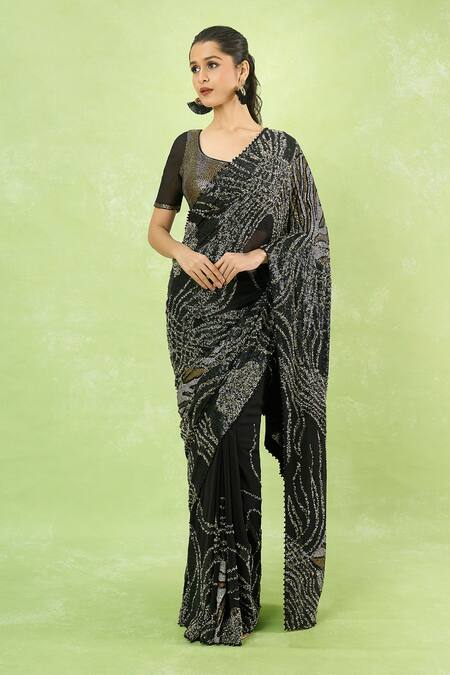 Shop_Nakul Sen_Black Silk, Chiffon Sequins Round Neck Embroidered Saree With Blouse _Online_at_Aza_Fashions