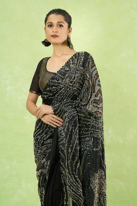 Nakul Sen_Black Silk, Chiffon Sequins Round Neck Embroidered Saree With Blouse _at_Aza_Fashions