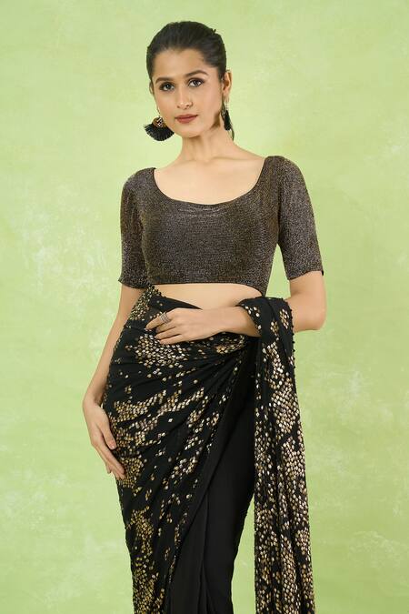 Shop_Nakul Sen_Black Silk, Chiffon Sequins, Beads Round Neck Embroidered Saree With Blouse _Online_at_Aza_Fashions