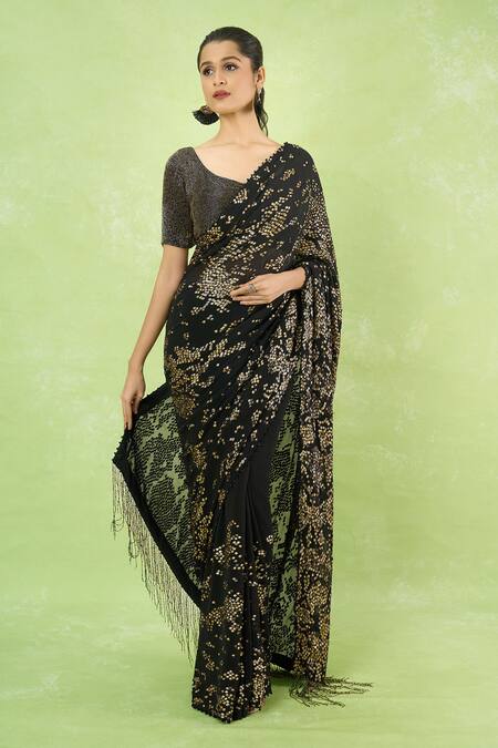 Nakul Sen_Black Silk, Chiffon Sequins, Beads Round Neck Embroidered Saree With Blouse _at_Aza_Fashions