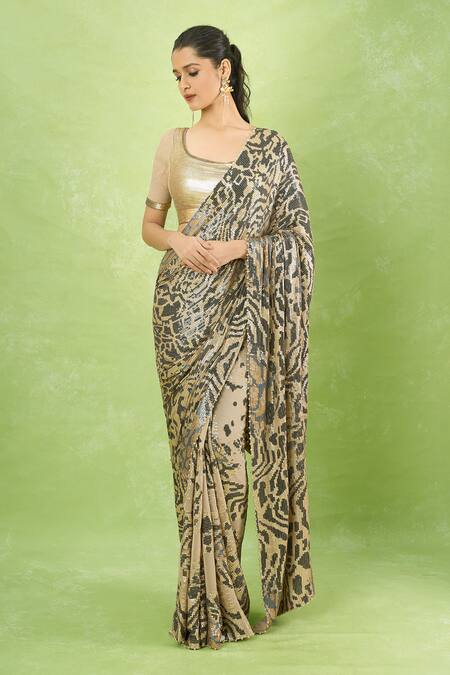Buy_Nakul Sen_Beige Silk, Chiffon Sequins Round , Scoop Embroidered Saree With Blouse 