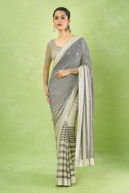 Buy_Nakul Sen_Beige Silk, Chiffon Sequins Round Neck Embroidered Saree With Blouse _Online_at_Aza_Fashions