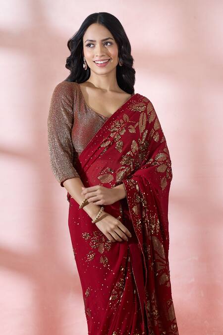 Nakul Sen_Red Silk, Chiffon Sequins, Zari, Embroidery V-, Scoop Saree With Blouse _Online_at_Aza_Fashions