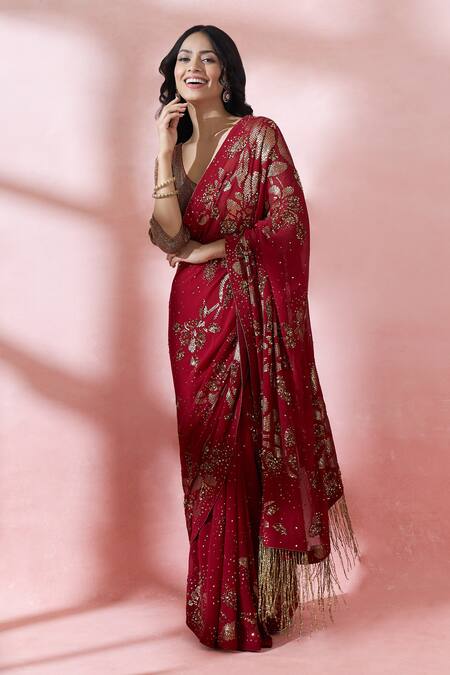 Shop_Nakul Sen_Red Silk, Chiffon Sequins, Zari, Embroidery V-, Scoop Saree With Blouse _Online_at_Aza_Fashions