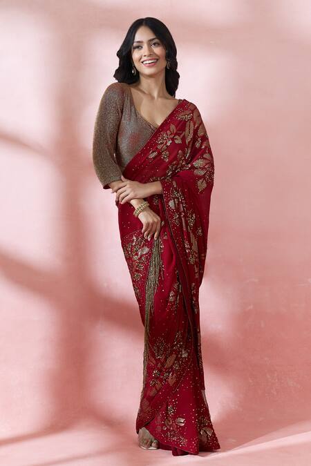 Nakul Sen_Red Silk, Chiffon Sequins, Zari, Embroidery V-, Scoop Saree With Blouse _at_Aza_Fashions