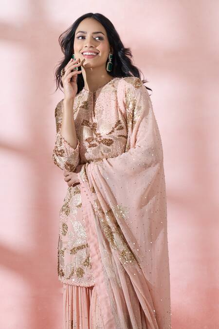 Nakul Sen_Pink Silk, Chiffon Sequins, Embroidery, Gota Patti, Tassels Kurta Gharara Set _Online_at_Aza_Fashions