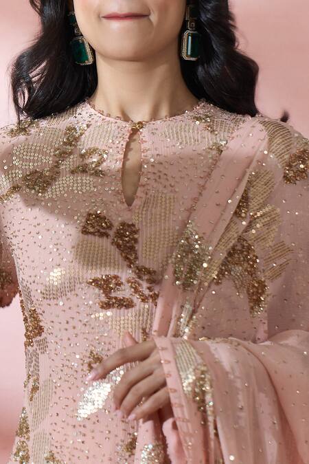Nakul Sen_Pink Silk, Chiffon Sequins, Embroidery, Gota Patti, Tassels Kurta Gharara Set _at_Aza_Fashions