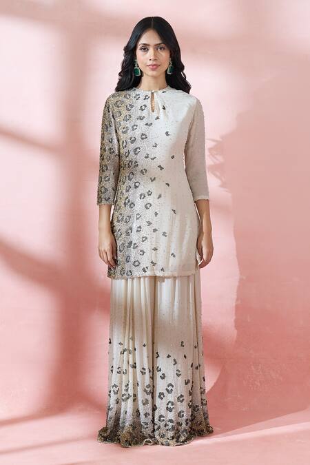 Buy_Nakul Sen_Beige Silk, Chiffon Sequins, Embroidery Keyhole Neck, Mandarin Kurta Sharara Set _Online_at_Aza_Fashions