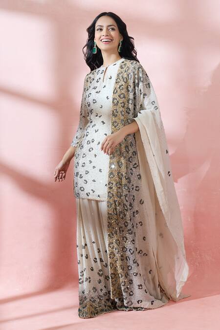 Shop_Nakul Sen_Beige Silk, Chiffon Sequins, Embroidery Keyhole Neck, Mandarin Kurta Sharara Set _Online_at_Aza_Fashions
