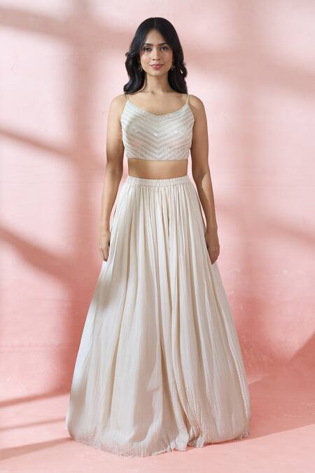 Buy_Nakul Sen_Beige Silk, Chiffon Sequins Round Neck, Keyhole Embroidered Jacket Skirt Set _Online_at_Aza_Fashions