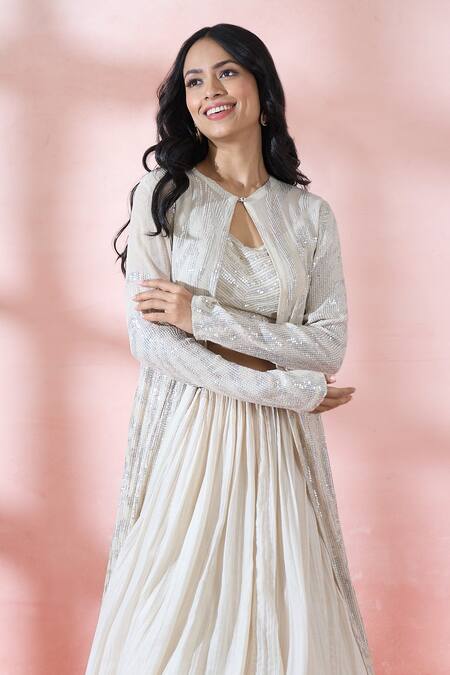 Shop_Nakul Sen_Beige Silk, Chiffon Sequins Round Neck, Keyhole Embroidered Jacket Skirt Set _Online_at_Aza_Fashions