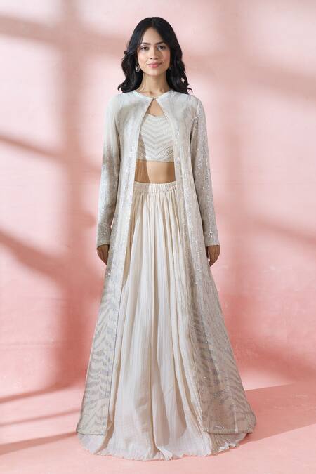 Nakul Sen_Beige Silk, Chiffon Sequins Round Neck, Keyhole Embroidered Jacket Skirt Set _at_Aza_Fashions