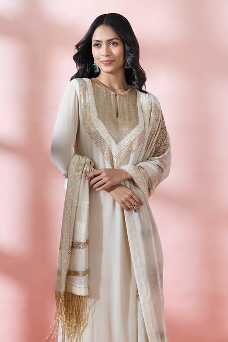 Nakul Sen_Beige Chiffon, Silk Sequins, Metallic Thread, Embroidered Kurta Palazzo Set _Online_at_Aza_Fashions