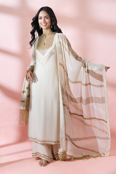 Buy_Nakul Sen_Beige Chiffon, Silk Sequins, Metallic Thread, Embroidered Kurta Palazzo Set _Online_at_Aza_Fashions