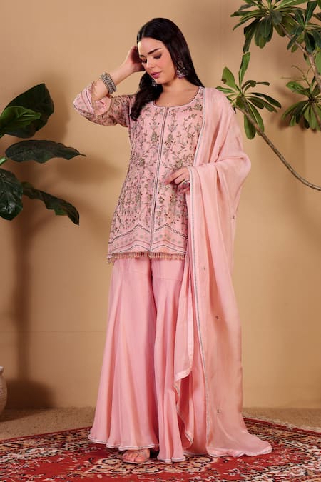 Buy_Sonali Methi_Pink Organza Embroidery, Beads, Sequins Round Neck Hand Sharara Set _Online_at_Aza_Fashions