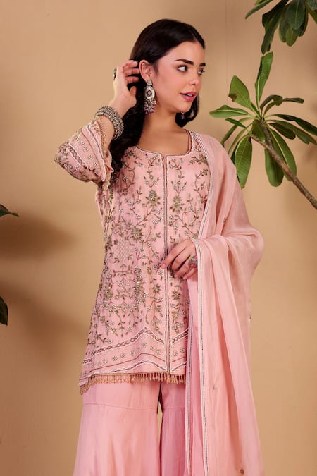 Shop_Sonali Methi_Pink Organza Embroidery, Beads, Sequins Round Neck Hand Sharara Set _Online_at_Aza_Fashions