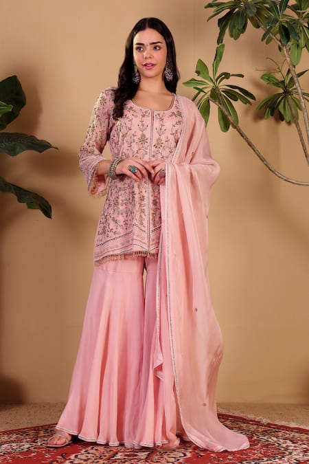 Sonali Methi_Pink Organza Embroidery, Beads, Sequins Round Neck Hand Sharara Set _at_Aza_Fashions
