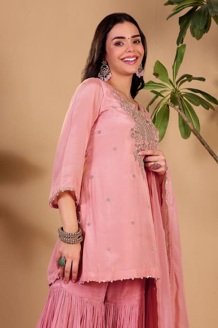 Sonali Methi Pink Chinon Embroidery, Mirrors, Sequins, Gota Patti Hand Kurta Sharara Set Online at Aza Fashions Sonali Methi_Pink Chinon Embroidery, Mirrors, Sequins, Gota Patti Hand Kurta Sharara Set _Online_at_Aza_Fashions