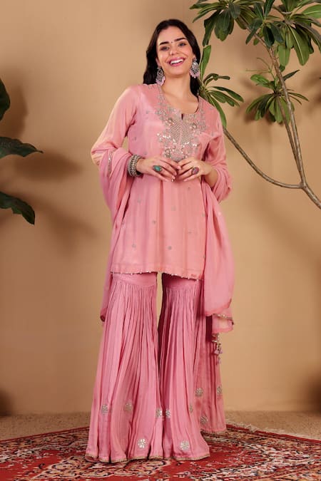 Shop Sonali Methi Pink Chinon Embroidery, Mirrors, Sequins, Gota Patti Hand Kurta Sharara Set Online at Aza Fashions Shop_Sonali Methi_Pink Chinon Embroidery, Mirrors, Sequins, Gota Patti Hand Kurta Sharara Set _Online_at_Aza_Fashions