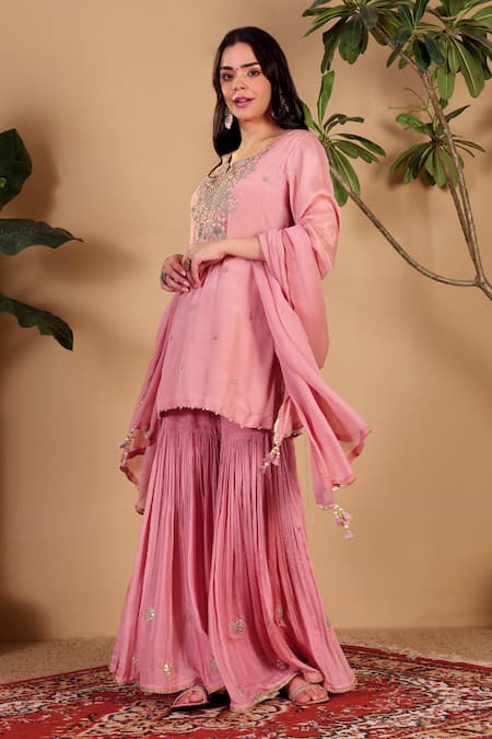 Sonali Methi Pink Chinon Embroidery, Mirrors, Sequins, Gota Patti Hand Kurta Sharara Set at Aza Fashions Sonali Methi_Pink Chinon Embroidery, Mirrors, Sequins, Gota Patti Hand Kurta Sharara Set _at_Aza_Fashions
