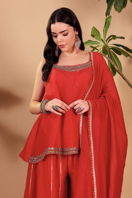Sonali Methi Red Tissue Embroidery, Sequins, Gota Patti, Zari, Tassels Hand Sharara Set Online at Aza Fashions Sonali Methi_Red Tissue Embroidery, Sequins, Gota Patti, Zari, Tassels Hand Sharara Set _Online_at_Aza_Fashions