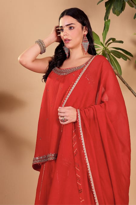 Buy Sonali Methi Red Tissue Embroidery, Sequins, Gota Patti, Zari, Tassels Hand Sharara Set Online at Aza Fashions Buy_Sonali Methi_Red Tissue Embroidery, Sequins, Gota Patti, Zari, Tassels Hand Sharara Set _Online_at_Aza_Fashions