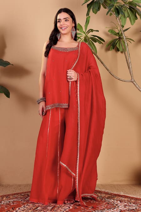 Shop Sonali Methi Red Tissue Embroidery, Sequins, Gota Patti, Zari, Tassels Hand Sharara Set Online at Aza Fashions Shop_Sonali Methi_Red Tissue Embroidery, Sequins, Gota Patti, Zari, Tassels Hand Sharara Set _Online_at_Aza_Fashions