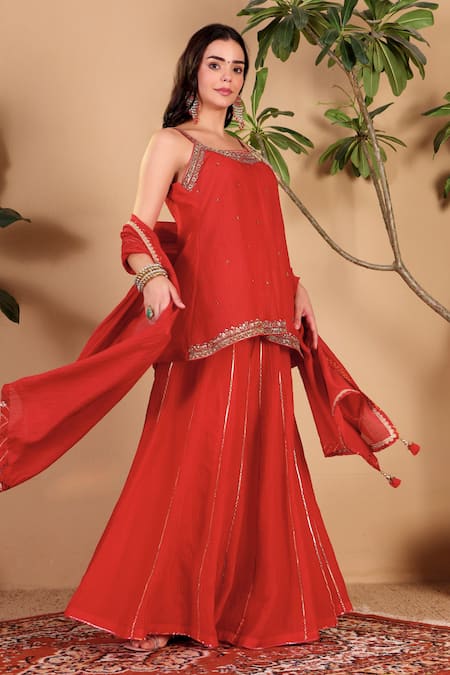 Sonali Methi Red Tissue Embroidery, Sequins, Gota Patti, Zari, Tassels Hand Sharara Set at Aza Fashions Sonali Methi_Red Tissue Embroidery, Sequins, Gota Patti, Zari, Tassels Hand Sharara Set _at_Aza_Fashions