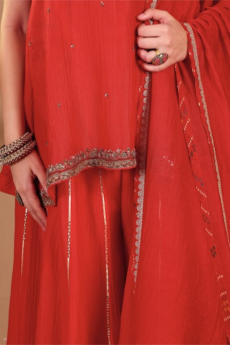 Buy Sonali Methi Red Tissue Embroidery, Sequins, Gota Patti, Zari, Tassels Hand Sharara Set Buy_Sonali Methi_Red Tissue Embroidery, Sequins, Gota Patti, Zari, Tassels Hand Sharara Set