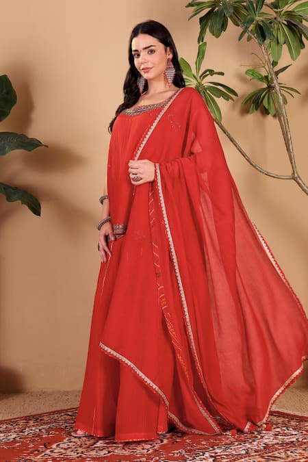 Shop Sonali Methi Red Tissue Embroidery, Sequins, Gota Patti, Zari, Tassels Hand Sharara Set Shop_Sonali Methi_Red Tissue Embroidery, Sequins, Gota Patti, Zari, Tassels Hand Sharara Set