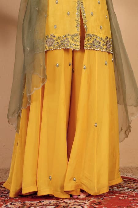 Sonali Methi Yellow Organza Embroidery, Sequins, Stones, Tassels Split V-neck Hand Kurta Set Online at Aza Fashions Sonali Methi_Yellow Organza Embroidery, Sequins, Stones, Tassels Split V-neck Hand Kurta Set _Online_at_Aza_Fashions