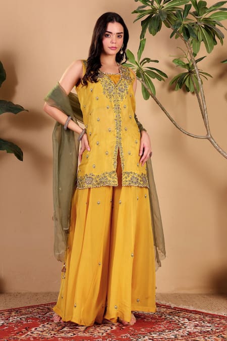 Buy Sonali Methi Yellow Organza Embroidery, Sequins, Stones, Tassels Split V-neck Hand Kurta Set Online at Aza Fashions Buy_Sonali Methi_Yellow Organza Embroidery, Sequins, Stones, Tassels Split V-neck Hand Kurta Set _Online_at_Aza_Fashions
