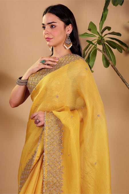 Sonali Methi_Yellow Organza, Brocade Embroidery, Gota Patti, Pearls Hand Saree With Blouse _Online_at_Aza_Fashions