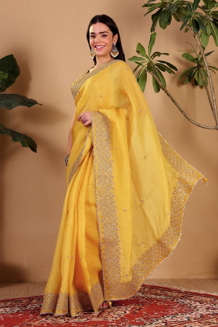 Shop_Sonali Methi_Yellow Organza, Brocade Embroidery, Gota Patti, Pearls Hand Saree With Blouse _Online_at_Aza_Fashions
