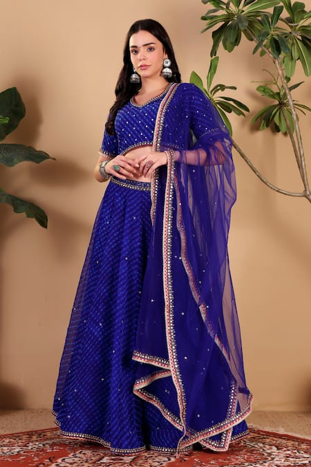 Sonali Methi Blue Georgette Mirrors, Embroidery, Sequins, Piping Lehriya Hand Lehenga Set Online at Aza Fashions Sonali Methi_Blue Georgette Mirrors, Embroidery, Sequins, Piping Lehriya Hand Lehenga Set _Online_at_Aza_Fashions