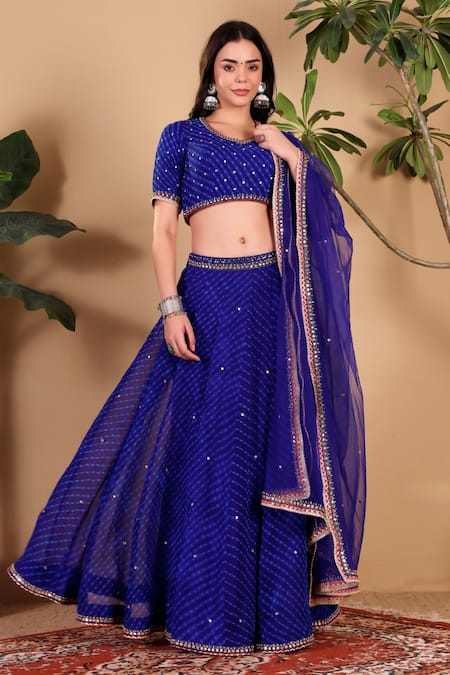 Buy Sonali Methi Blue Georgette Mirrors, Embroidery, Sequins, Piping Lehriya Hand Lehenga Set Buy_Sonali Methi_Blue Georgette Mirrors, Embroidery, Sequins, Piping Lehriya Hand Lehenga Set