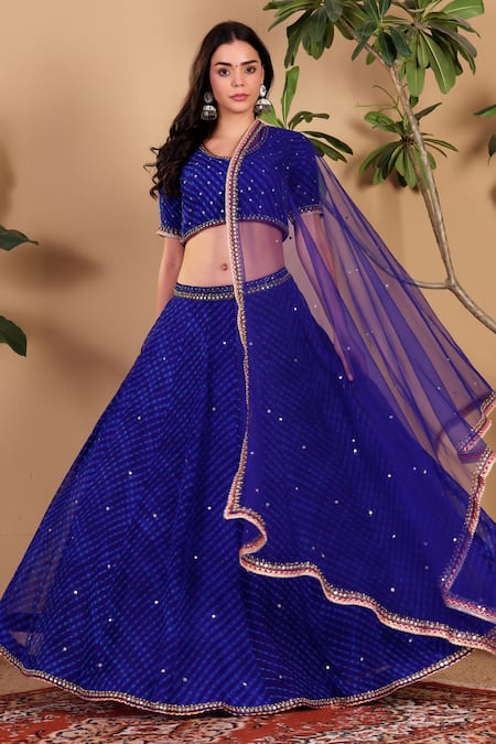 Shop Sonali Methi Blue Georgette Mirrors, Embroidery, Sequins, Piping Lehriya Hand Lehenga Set Shop_Sonali Methi_Blue Georgette Mirrors, Embroidery, Sequins, Piping Lehriya Hand Lehenga Set