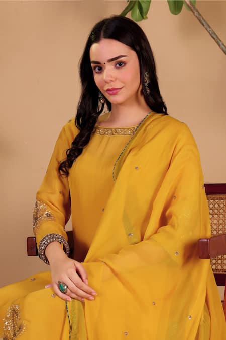 Shop Sonali Methi Mustard Organza Embroidery, Sequins Round Neck Hand Kurta Set Online at Aza Fashions Shop_Sonali Methi_Mustard Organza Embroidery, Sequins Round Neck Hand Kurta Set _Online_at_Aza_Fashions