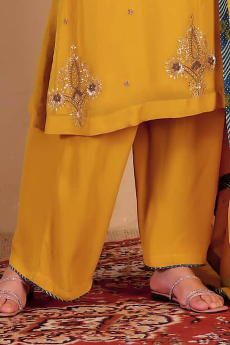 Sonali Methi Mustard Organza Embroidery, Sequins Round Neck Hand Kurta Set at Aza Fashions Sonali Methi_Mustard Organza Embroidery, Sequins Round Neck Hand Kurta Set _at_Aza_Fashions