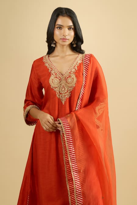 Buy Sheetal Batra Orange Embroidery, Gota Patti, Zari V-neck Kaftan Set Online at Aza Fashions Buy_Sheetal Batra_Orange Embroidery, Gota Patti, Zari V-neck Kaftan Set _Online_at_Aza_Fashions