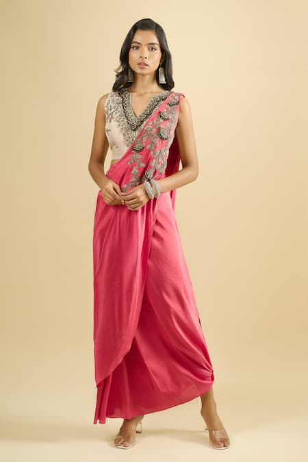 Prisho Embroidered Blouse Draped Skirt Set 