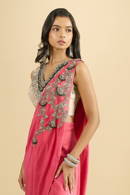 Prisho_Coral Embroidery, Beads, Sequins V-neck Blouse Draped Skirt Set _Online_at_Aza_Fashions