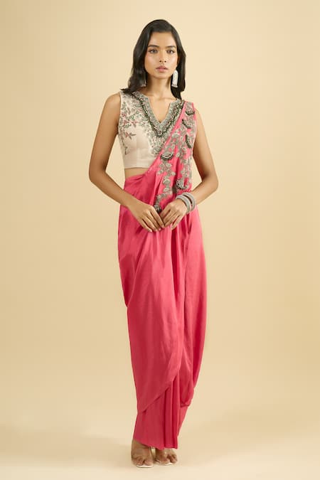 Shop_Prisho_Coral Embroidery, Beads, Sequins V-neck Blouse Draped Skirt Set _Online_at_Aza_Fashions