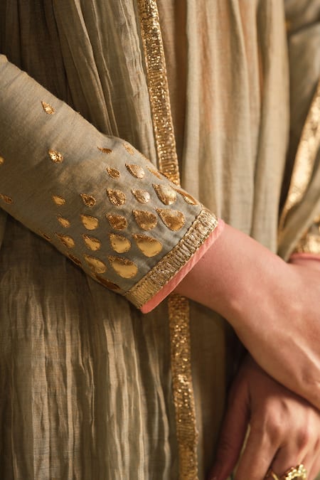 Shop_Almaari By Pooja Patel_Green Chanderi, Tissue Gota Patti, Tassels Square Arya Silk Anarkali Pant Set _Online_at_Aza_Fashions