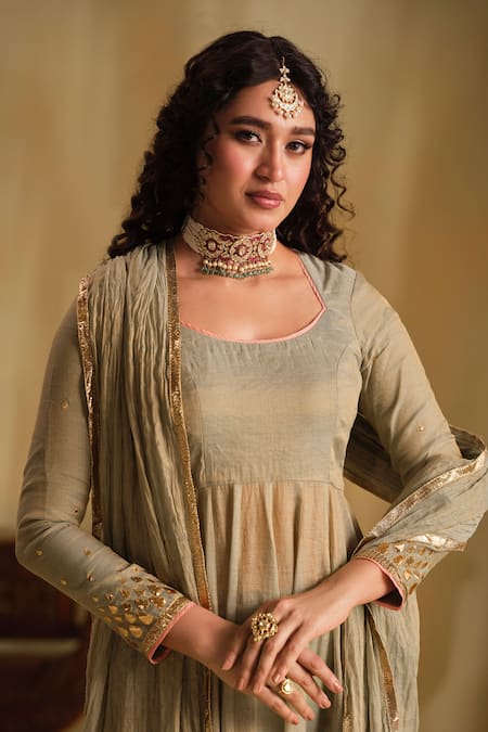 Almaari By Pooja Patel_Green Chanderi, Tissue Gota Patti, Tassels Square Arya Silk Anarkali Pant Set _at_Aza_Fashions