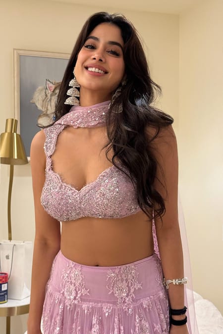 Buy_Shehlaa Khan_Lilac Tulle, Sequins, Embroidery, V-neck Floral Lehenga Set _Online_at_Aza_Fashions