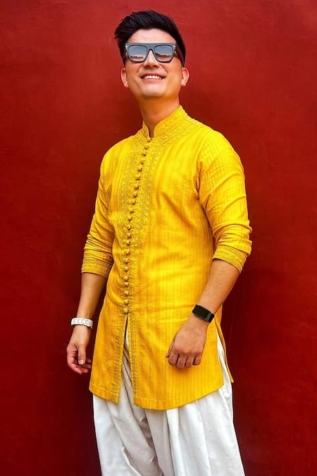 Shop_Histori_Yellow Cotton, Silk Cut Work, Beads, Diamonds, Mustard Tonal Kurta And Salwar Set _Online_at_Aza_Fashions