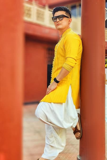 Buy_Histori_Yellow Cotton, Silk Cut Work, Beads, Diamonds, Mustard Tonal Kurta And Salwar Set 